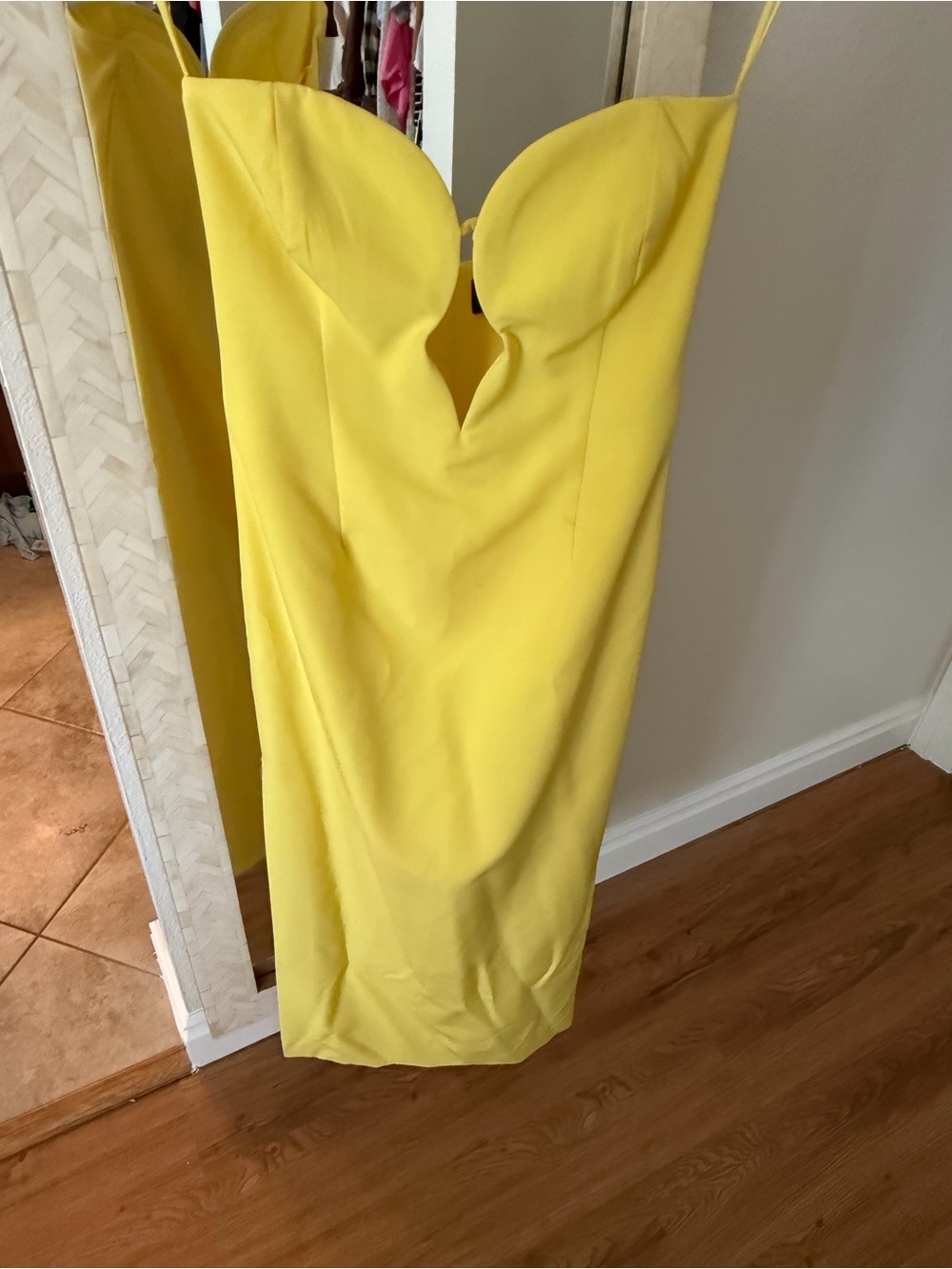 Bardot Revolve Eleni Strapless Yellow Midi Dress with Front Cutout Wedding Guest - Picture 6 of 9